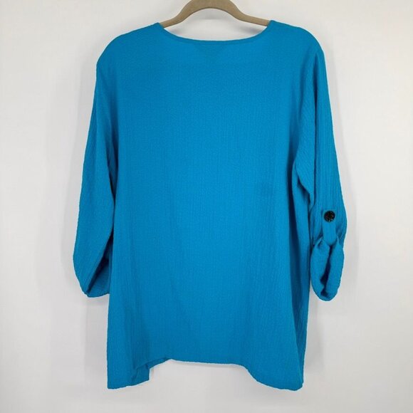 Ali Miles Womens Blue crinkle Tunic Top size large Button Detailing 3/4 sleeve - Picture 11 of 13